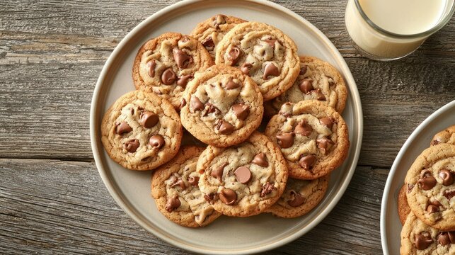 Delicious chocolate chip cookies on a plate with milk. - Powered by Adobe