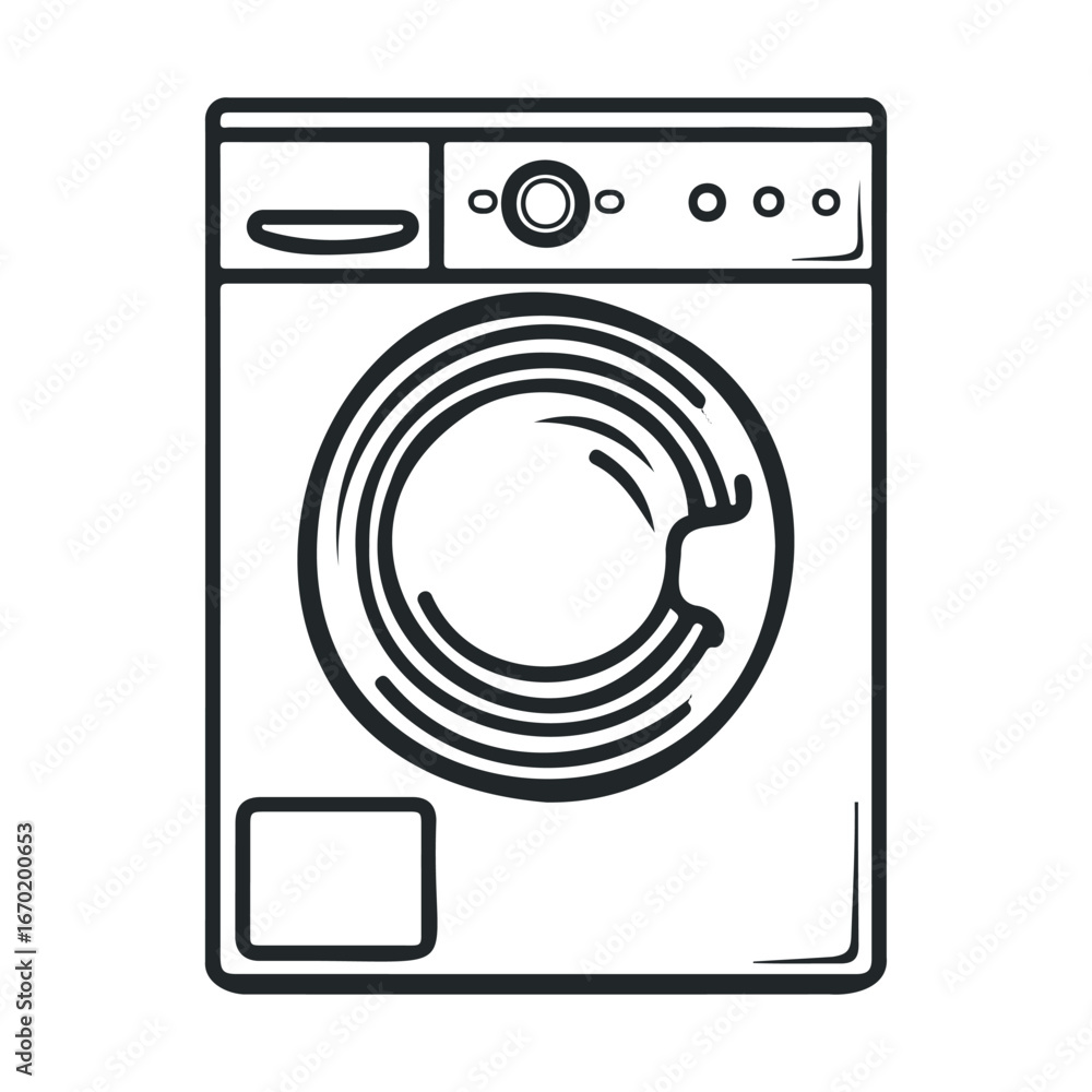 Poster line art of washing machine with front-loading drum and control panel