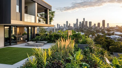 Fototapeta premium Modern apartment with city skyline view, rooftop garden, and outdoor furniture.
