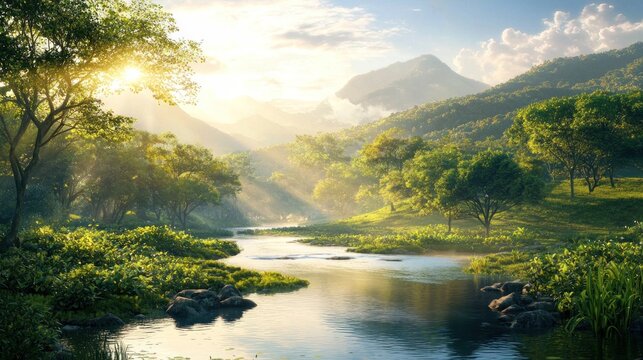 Serene sunrise over a tranquil river winding through lush green valley and misty mountains.