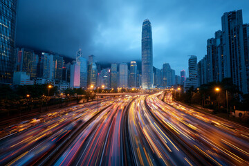 Fototapeta premium A city street with a lot of traffic and tall buildings in the background