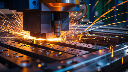 Metal Cutting CNC Machine Igniting Sparks in Workshop