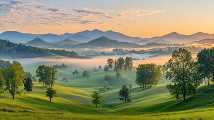 Obraz premium Misty sunrise over rolling green hills and mountains.
