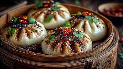 A close up of steamed buns in a bamboo steamer with sesame seeds and chili pepper garnish on top