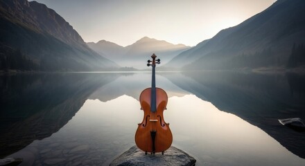 Cello by lake mountains celebrating International Music Day peaceful global music inspiration