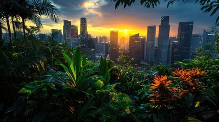 Lush tropical garden overlooking a vibrant city skyline at sunset.
