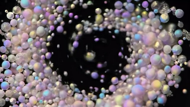 Dynamic iridescent pastel spheres swirling in a captivating vortex of light and color, creating a mesmerizing abstract motion against a deep, dark backdrop