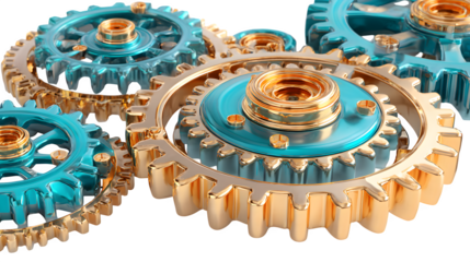 Detailed gold-and-teal interlocking machinery gears close-up