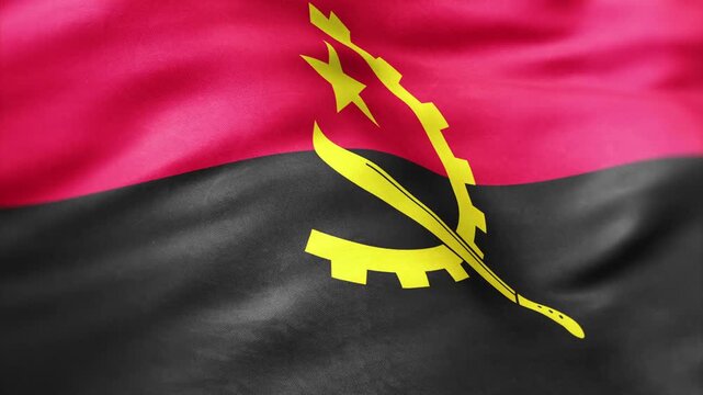AI-generated abstract of the waving flag of Angola with red, black colors, and yellow emblem