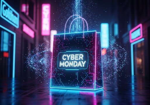 Cyber monday neon shopping bag illustration