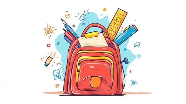 Red Backpack with School Supplies Illustration
