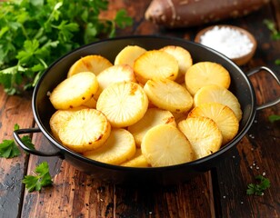 Roasted potato slices in a pan