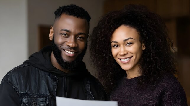 Diverse couple reviewing property investment brochure