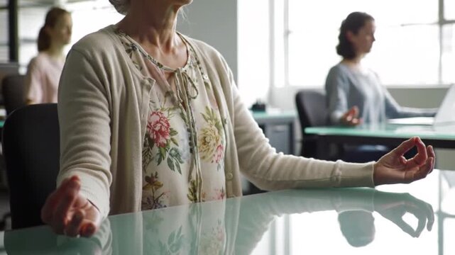 Mature Woman Meditating at Office Desk for Workplace Wellness and Stress Relief