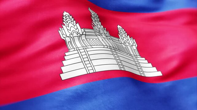 AI-generated abstract showing the Cambodian flag's iconic Angkor Wat emblem in vivid flowing colors