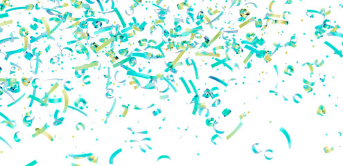 Festive background image of teal and gold confetti falling on white. Perfect for party invitations, celebrations, and more.