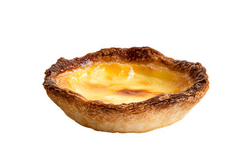 Delicious custard tart with a golden crust, isolated on a white background.
