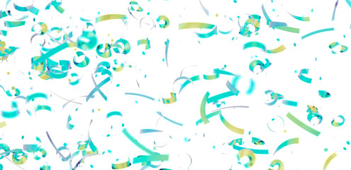 Bright teal and gold confetti falling on white. Perfect for party invitations, celebrations, and festive designs.