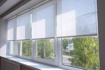 Window Vertical Shades. Modern White Roller Blinds for Daytime Comfort in Beautiful Indoor Setting