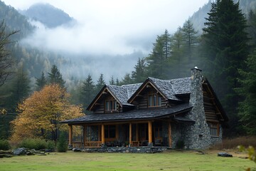 A rustic mountain cottage built from rough-hewn timber and stone, surrounded by towering pines and misty hills 