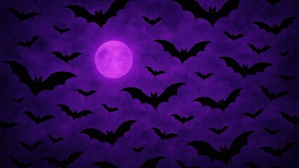 Eerie bats under purple moonlight.
