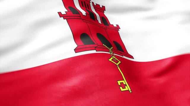 AI-generated abstract a waving flag of Gibraltar with a red castle and golden key on white and red