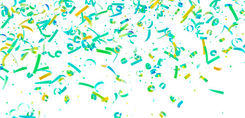 Bright teal, green, and yellow confetti falling on white background. Perfect for celebration, party, and festive designs.