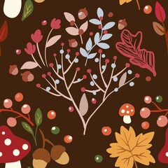 Autum Winter Pattern Background Illustration For Cover, Banner, Notes. Fall Winter Aesthetic Background.  Plant And Flower Pattern Background.
