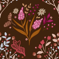 Autum Winter Pattern Background Illustration For Cover, Banner, Notes. Fall Winter Aesthetic Background.  Plant And Flower Pattern Background.