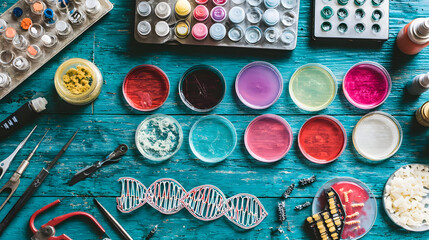 lab with double helix models, petri dishes, and genome editing tools on workbench