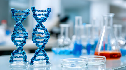lab with double helix models, petri dishes, and genome editing tools on workbench
