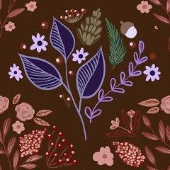 Autum Winter Pattern Background Illustration For Cover, Banner, Notes. Fall Winter Aesthetic Background.  Plant And Flower Pattern Background.