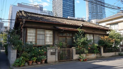 Old House with a Garden Surrounded by City Buildings / 都市のビルに囲まれた庭付きの古い家