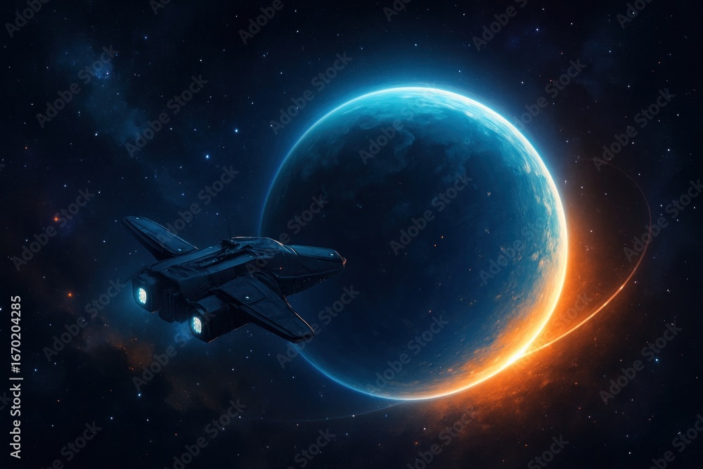 Poster futuristic spaceship exploring distant planet.