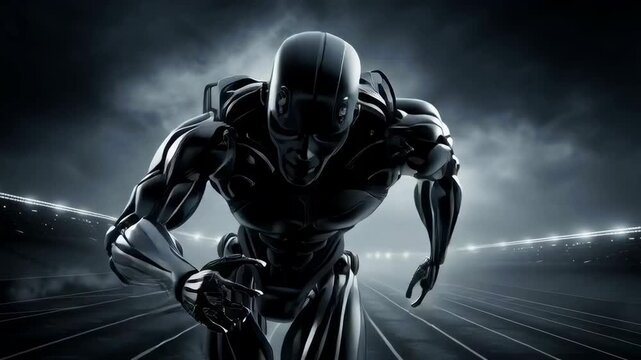Futuristic cybernetic humanoid robot sprinting on illuminated stadium track surrounded by dramatic fog and cinematic lighting