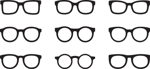 Glasses Icons Different Angle View Black Vector Illustration Set Isolated On White Background