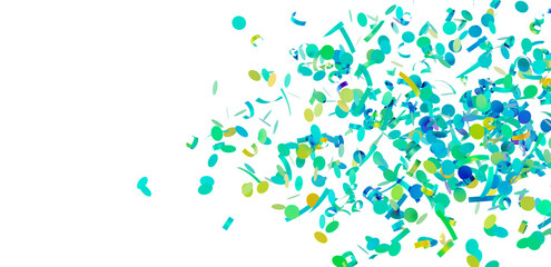 Bright teal, green, and yellow confetti falling on white. Perfect for party invitations, celebrations, and festive designs.