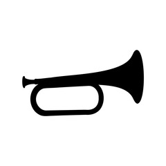 Monochrome graphic illustration showcasing a bugle musical instrument in silhouette form