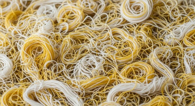 Twisted, swirling, messy pile of yellow and white yarn, background pattern