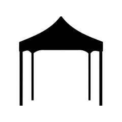 Silhouette of a black event tent with peaked roof and four legs