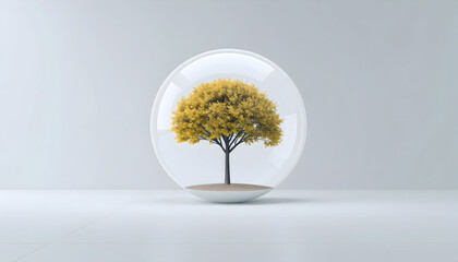 Yellow Tree Inside Glass Sphere Minimalist Digital Art