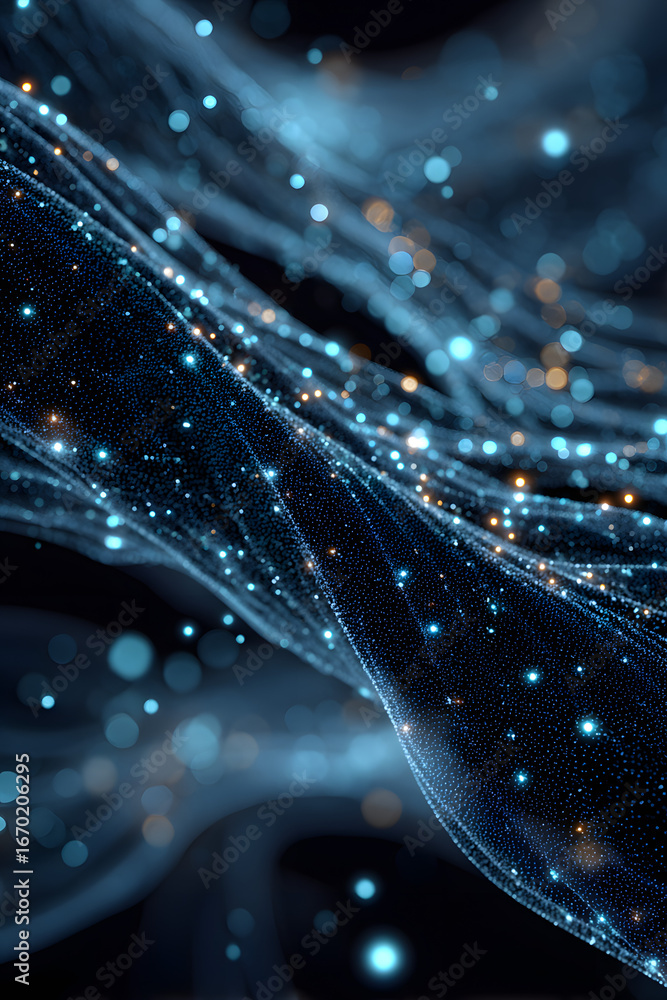 Poster abstract digital blue background with flowing data pthways and glowing points