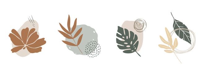Abstract Floral and Botanical Elements in Earth Tones, Organic Shapes, Neutral Background, Modern Style Vector Illustration