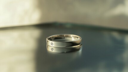 Minimalist silver ring with a smooth polished band and a single small diamond resting on a reflective glass surface ideal for a contemporary and subtle luxury look