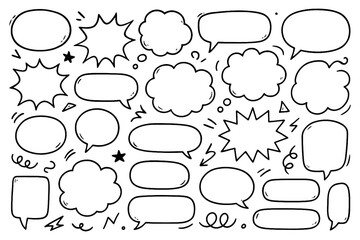 Fototapeta premium Hand drawn speech bubble collection with doodle style comic chat frames, Transparent Background
