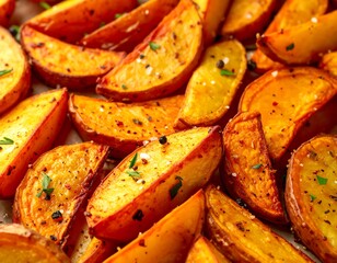 Roasted potato wedges on a baking sheet