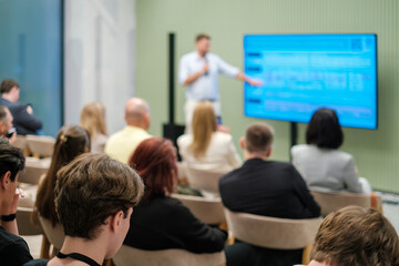 Fototapeta premium Audience attending a business seminar with speaker presenting on a screen in conference room.