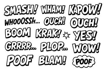 Fototapeta premium Comic book sound effect text collection with bold lettering and dynamic expressions, Transparent Background