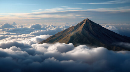 Fototapeta premium A volcanic cone rises from clouds, the dramatic scene illuminated by gentle sunlight. Volcano, clouds, with copy space