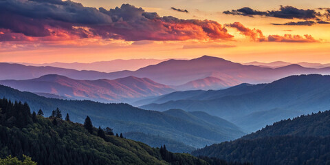 Majestic mountain range at sunset with vibrant colors in the sky